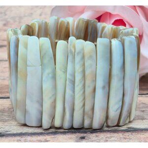 Bohemian White & Brown Neutral Abalone Shell Wide Stretch Bracelet Beach Nature